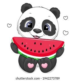 Cute cartoon panda with watermelon. Vector illustration of animal isolated on white.