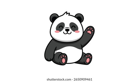 Cute cartoon panda waving hello friendly gesture sitting position adorable animal character isolated white background