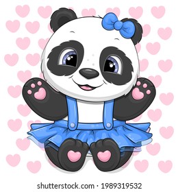 Cute Cartoon Panda Wearing A Blue Skirt And Hair Bow. Vector Illustration Of An Animal On A White Background With Hearts.