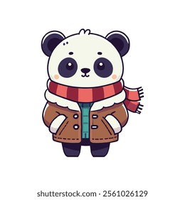 A cute cartoon panda wearing a brown jacket and red scarf.