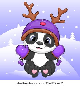 Cute Cartoon Panda Wearing A Deer Hat And Lilac Mittens. Winter Animal Vector Illustration On Purple Background With Snow.