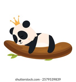 Cute cartoon panda wearing a gold crown is sleeping peacefully on a tree branch