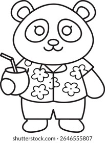 A cute cartoon panda wearing a Hawaiian shirt and shorts, holding a coconut drink with a straw. This playful illustration is perfect for children's books or designs, isolated on white background.