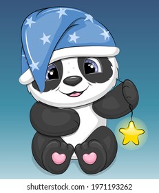 A cute cartoon panda wearing a nightcap, holding a shining star. Night vector illustration on a blue background.