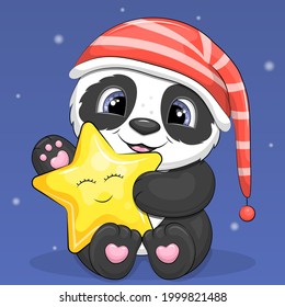 Cute cartoon panda wearing a nightcap is holding a yellow star. Night vector illustration on a dark blue background.