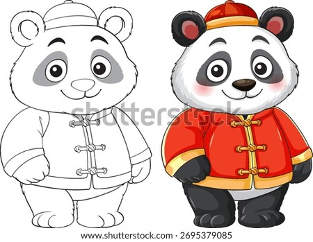 Cute cartoon panda wearing red Chinese jacket and hat, shown in color and black outline