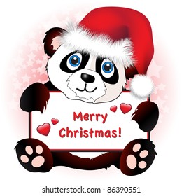 A cute cartoon panda wearing a Santa hat holding a banner with hearts and Merry Christmas wishes. Subtle star background. Easily editable for insertion of your own text. EPS10 vector format