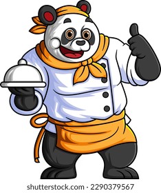 a cute cartoon panda working as a professional chef, carrying a steel plate and posing with a thumbs up of illustration