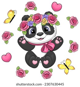 Cute cartoon panda with a wreath of roses in a floral frame with butterflies and hearts. Vector illustration of an animal on a white background.