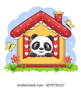 Cute cartoon panda in a yellow house with a red roof. Vector illustration on a blue background.