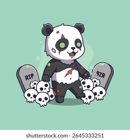 Bonito desenho animado panda zumbi com crânio e ossos cruzados. Ilustração vetorial.