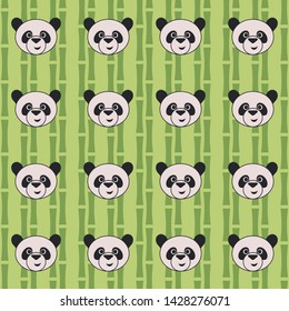Cute cartoon pandas with bamboo background. Seamless vector illustration