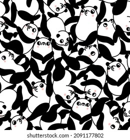 Cute cartoon pandas everywhere, vector seamless pattern. The most cutest bear ever - panda! Black and white and a little pink on cheeks