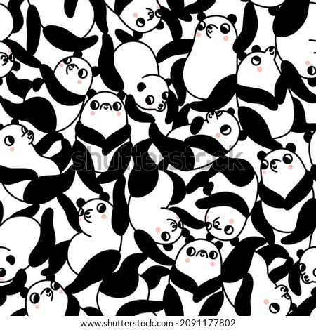 Cute cartoon pandas everywhere, vector seamless pattern. The most cutest bear ever - panda! Black and white and a little pink on cheeks