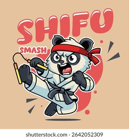 Cute cartoon pandas in martial arts poses wearing karate uniforms and headbands. Fun and dynamic illustration perfect for kids, sports, and character design themes
