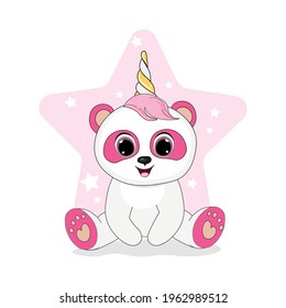 Cute cartoon panda-unicorn baby girl vector illustration. Perfect for cards, party invitations, posters, stickers, kids clothing.