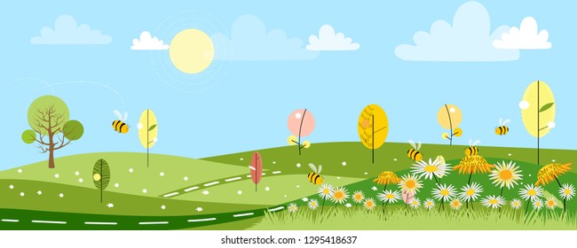 Cute cartoon panorama landscape of Spring field and spring flowers with family bee flying, Lovely card with sun shine, cloud and honey Bee collecting pollen on flowers in sunny day, Summer background