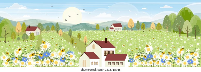 Cute cartoon panorama landscape of Spring field and wild flowers with family bee flying, Lovely card with sun shine, cloud and honey bee collecting pollen on flowers in sunny day, Summer background
