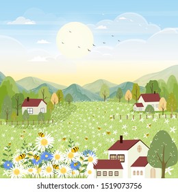 Cute cartoon panorama landscape of Spring field and wild flowers with family bee flying, Lovely card with sun shine, cloud and honey bee collecting pollen on flowers in sunny day, Summer background