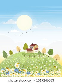 Cute cartoon panorama landscape of Spring field and wild flowers with family bee flying, Lovely card with sun shine, cloud and honey bee collecting pollen on flowers in sunny day, Summer background