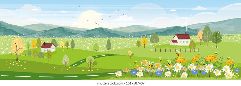 Cute cartoon panorama landscape of Spring field and wild flowers with family bee flying, Lovely card with sun shine, cloud and honey bee collecting pollen on flowers in sunny day, Summer background