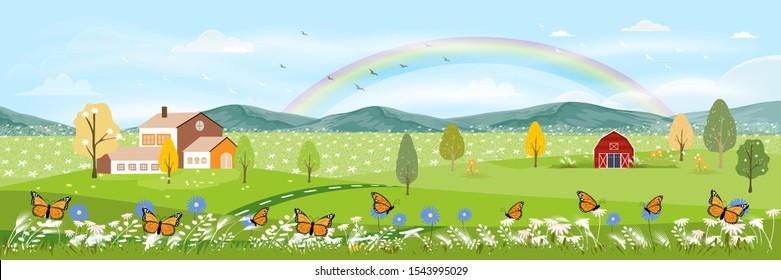 Cute cartoon panorama landscape of Spring field, Farm house and butterfly flying around wild flowers, Panoramic view of farm field in village with rainbow after and blue sky.