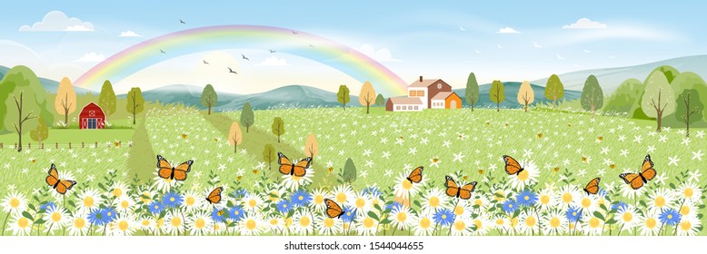 Cute cartoon panorama landscape of Spring field and wild flowers with butterfly flying, Lovely card with rainbow, sun,cloud and honey bee collecting pollen on flowers in sunny day, Summer background