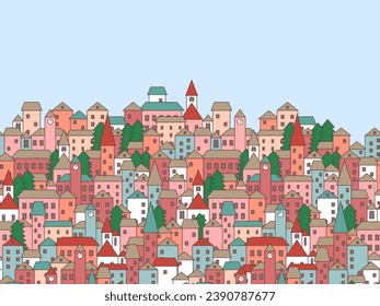 Cuto caricatura panorámica casco antiguo sin inconvenientes borde, fondo vectorial