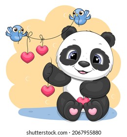 Cute cartoon panta with hearts and birds. Vector illustration of sitting animal.