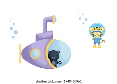 Cute cartoon panthelooks out of submarine window and cute jaguar in diving suit swim underwater. Design of t-shirt, album, card, invitation. Flat vector illustration isolated on white background.