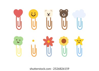 Cute cartoon paper clip collection. Flat decorative vector design isolated illustration.