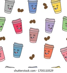cute  cartoon paper cup coffee  seamless vector pattern illustration