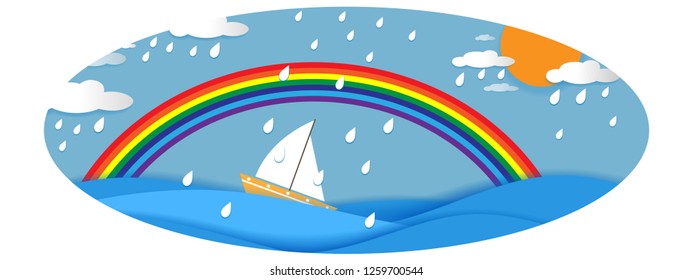 Cute cartoon Paper cut seascape steam boat with rainbow  and raining by the sea, Vector illustration,Panorama sea beach origami paper art style with blue ocean for summer or holiday background,banner,