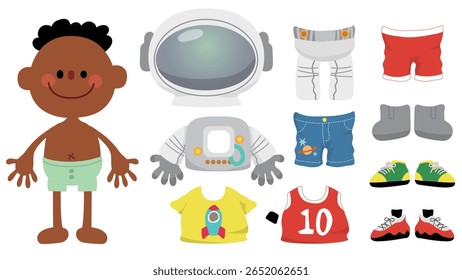 Cute cartoon paper doll boy for dress up game for kids, with mix-and-match outfits like astronaut suit, sportswear, jeans, shoes. Great for crafts, printables, scrapbooking, or digital games.