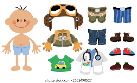  Cute cartoon paper doll boy for dress up game for kids with mix-and-match outfits like Fighter Pilots suit doctor jeans shoes
