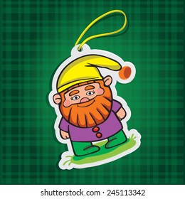 cute cartoon paper dwarf lies on the dark green checkered background