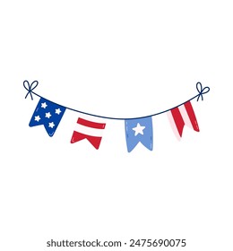 Cute cartoon paper garland with USA flag for decoration, holidays and festival. Paper flags as sign of Independence day, 4th July, freedom and democracy. Hand drawn illustration isolated on white.