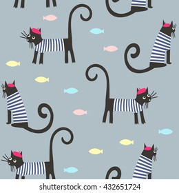 Cute cartoon parisian cats and fish vector background. French style dressed animals seamless pattern. Cute design for print on baby's clothes, textile, decor.