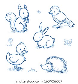 Cute cartoon park animals for children as squirrel, bird, duck, rabbit and hedgehog. Hand drawn doodle vector illustration.