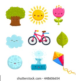 Cute cartoon park objects - tree, flower tulip, cloud, sun, moon, bicycle, kite, fountain, leaf