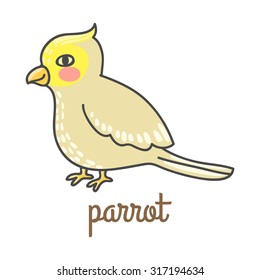 Cute cartoon parrot with a blush. Isolated with the inscription