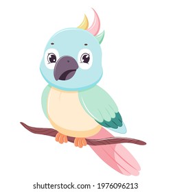 Cute cartoon parrot. Design element for baby shower card, scrap booking, invitation, nursery, poster. Isolated on white background. Vector illustration