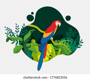  cute cartoon parrot with different palm and monstera leaves in bright colors. 