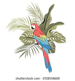 Cute cartoon parrot with different palm and monstera leaves in bright colors. Vector illustration in flat style