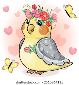 Cute cartoon parrot with flower wreath and butterflies. Vector illustration of an animal on an pink background with hearts.