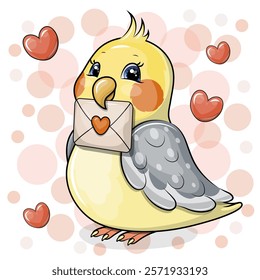 A cute cartoon parrot holds a love letter. Vector illustration of an animal and red hearts on the white background with red dots.