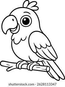Cute cartoon parrot illustration for kids, black and white tropical bird line art, smiling parrot on branch drawing for coloring book or educational materials