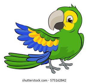 A cute cartoon parrot mascot character pointing with a wing 