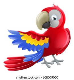Cute cartoon parrot mascot character pointing with a wing 