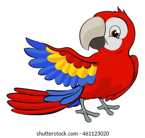 Cute cartoon parrot mascot pointing with a wing 